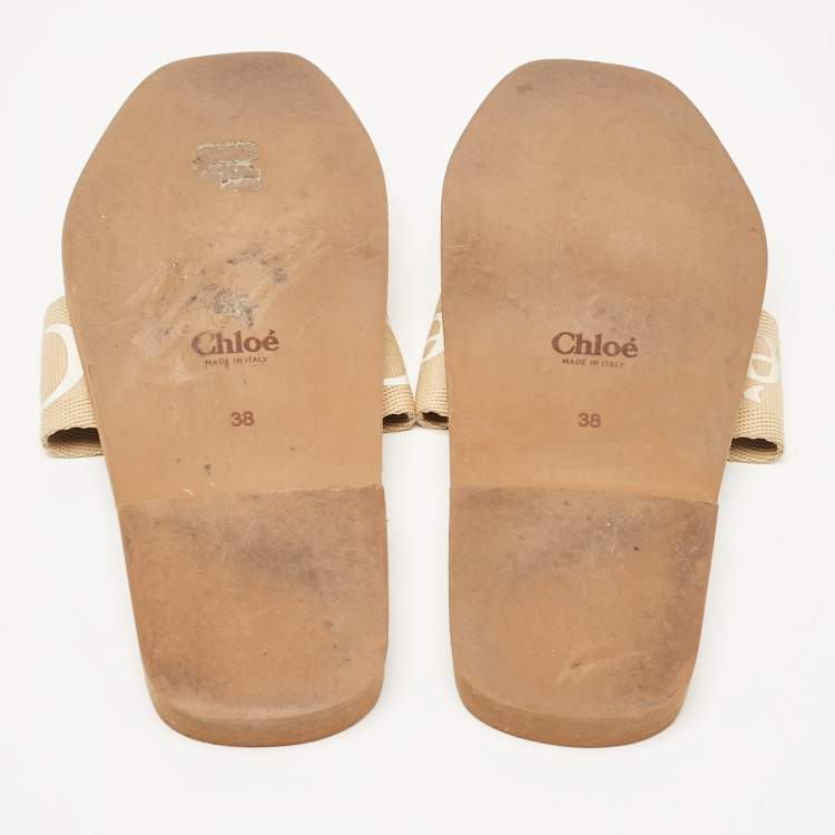 Pre Owned Chloe Beige Canvas Woody Flat Slides Size 38
