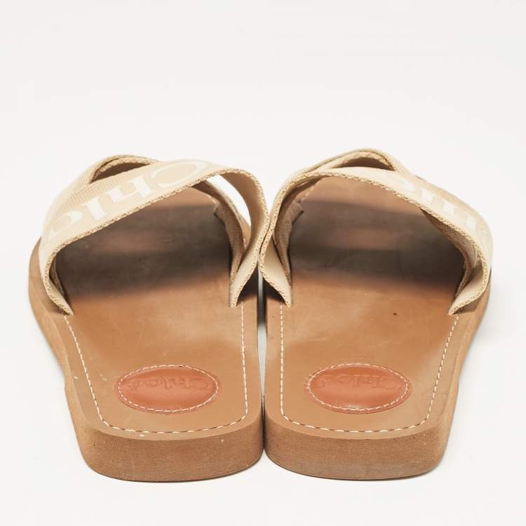 Pre Owned Chloe Beige Canvas Woody Flat Slides Size 38