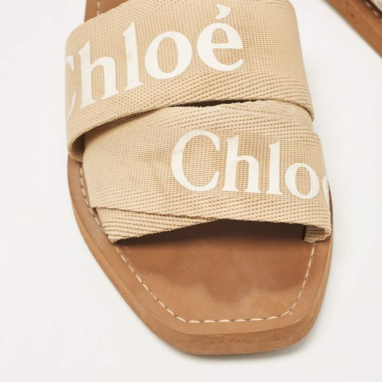 Pre Owned Chloe Beige Canvas Woody Flat Slides Size 38