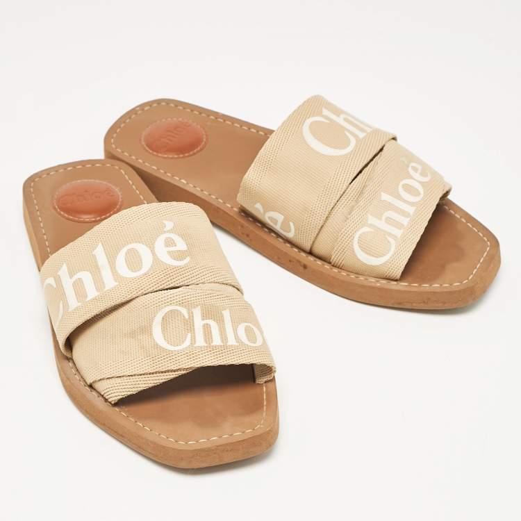 Pre Owned Chloe Beige Canvas Woody Flat Slides Size 38