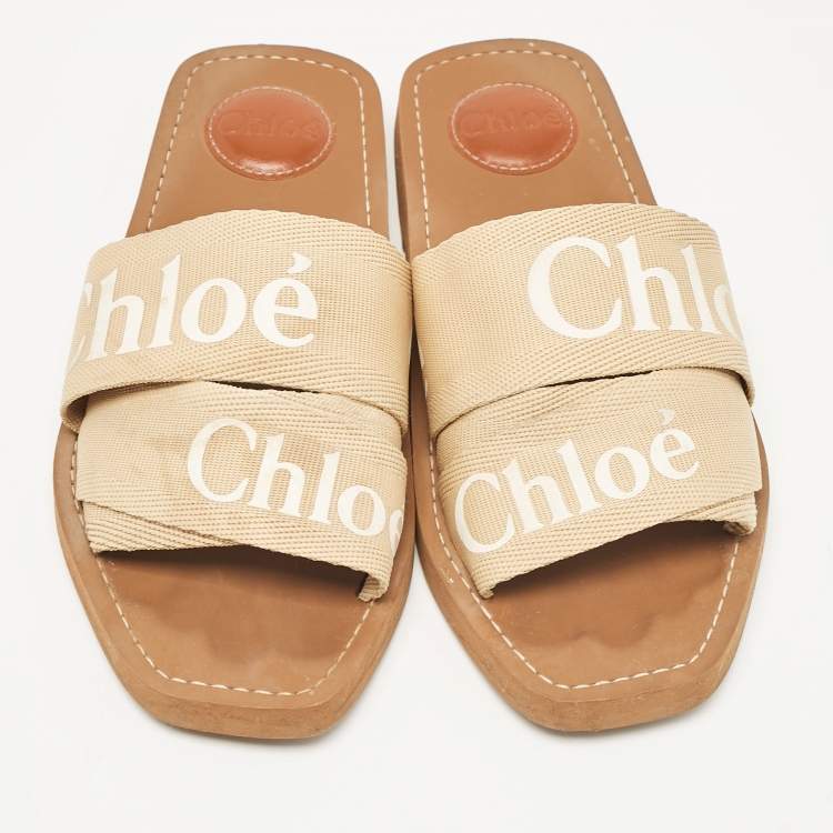 Pre Owned Chloe Beige Canvas Woody Flat Slides Size 38