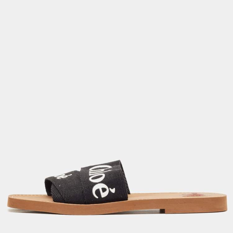 Pre Owned Chloe Black Logo Canvas Woody Flat Slides Size 42