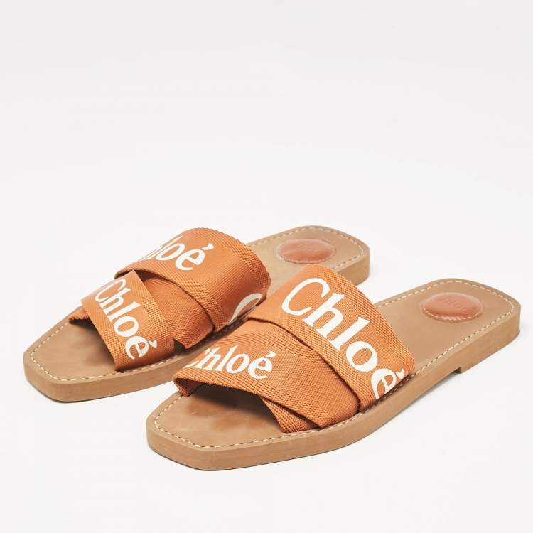 Pre Owned Chloe Brown Logo Canvas Woody Flat Slides Size 40