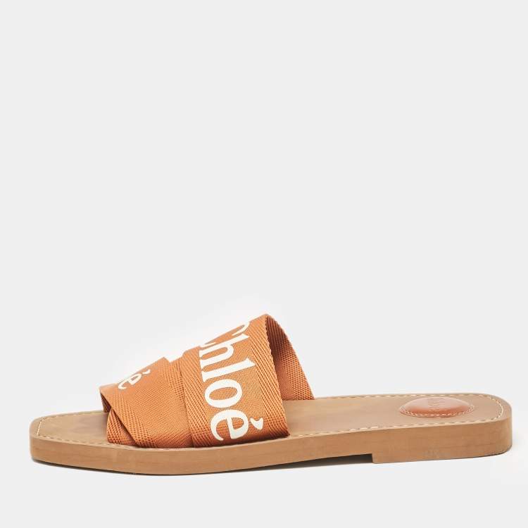 Pre Owned Chloe Brown Logo Canvas Woody Flat Slides Size 40