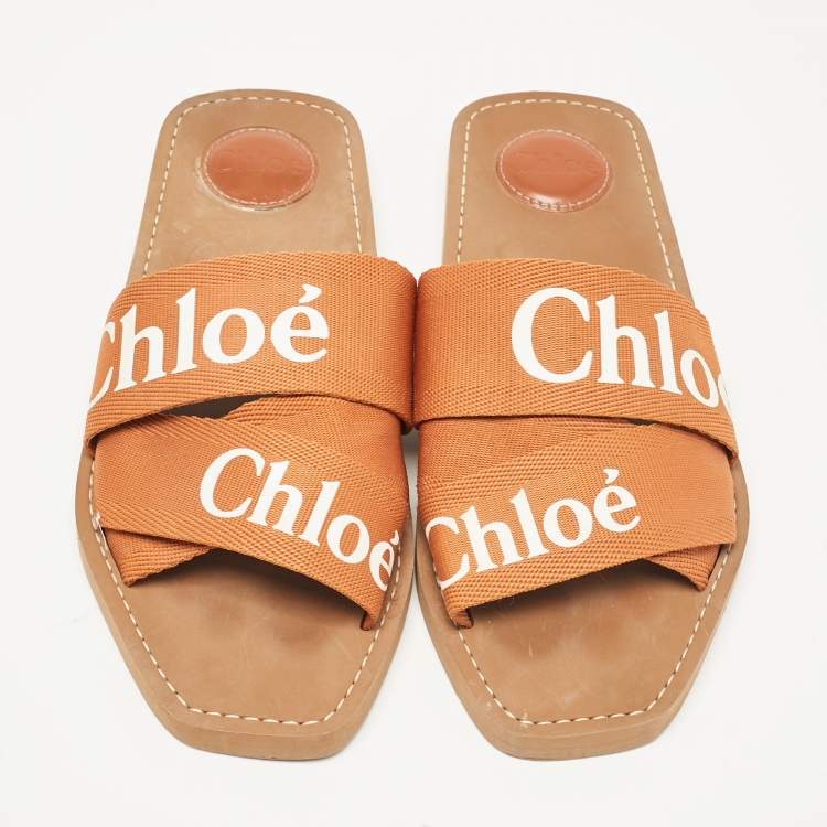 Pre Owned Chloe Brown Logo Canvas Woody Flat Slides Size 40