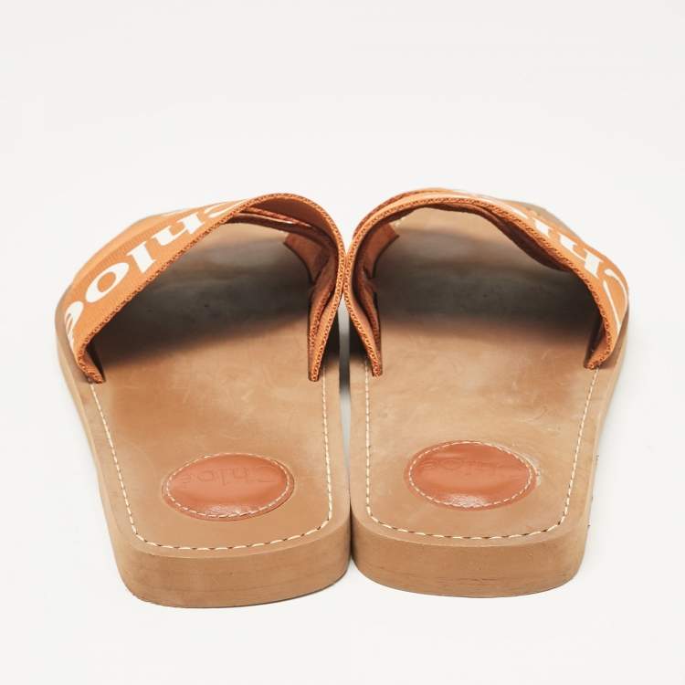 Pre Owned Chloe Brown Logo Canvas Woody Flat Slides Size 40