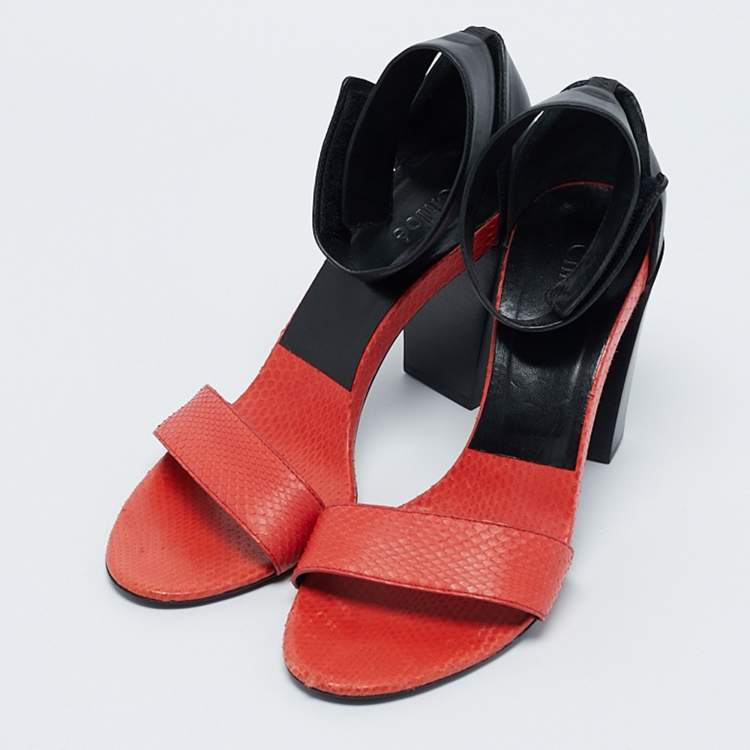 Pre Owned Chloe Black/Orange Leather and Snakeskin Leather Ankle Strap Sandals Size 39