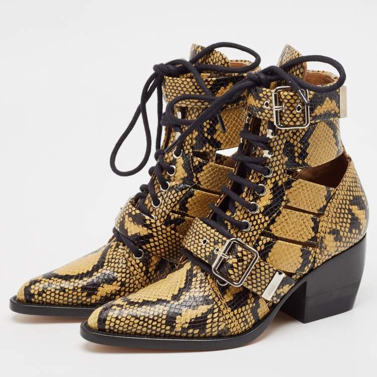 Pre Owned Chloe Black/Brown Python Embossed Leather Rylee Ankle Length Boots Size 36