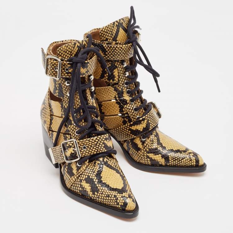 Pre Owned Chloe Black/Brown Python Embossed Leather Rylee Ankle Length Boots Size 36