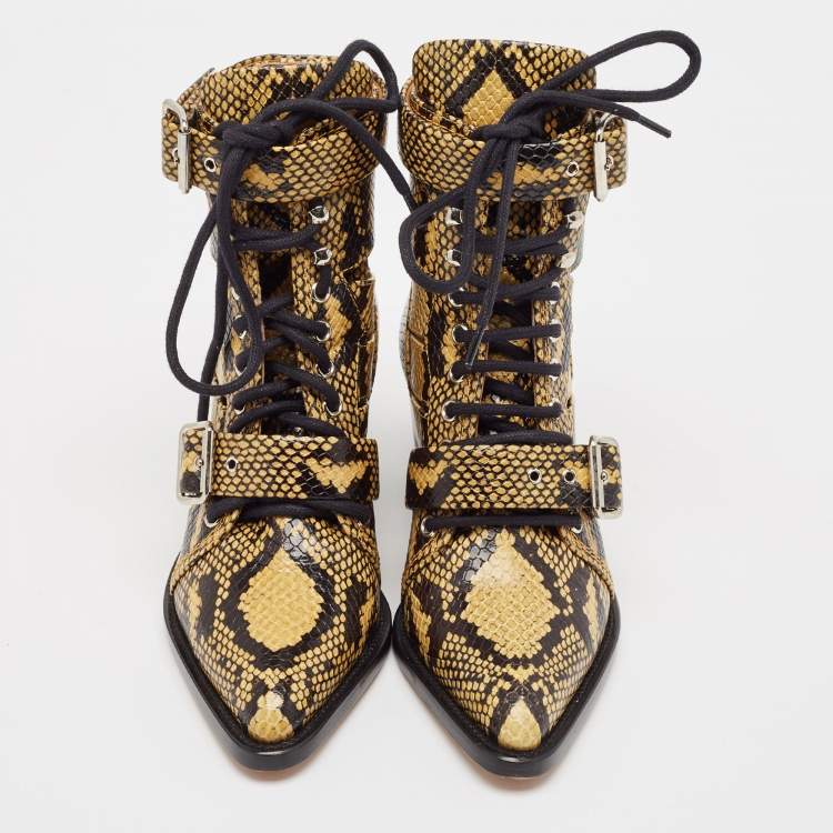 Pre Owned Chloe Black/Brown Python Embossed Leather Rylee Ankle Length Boots Size 36