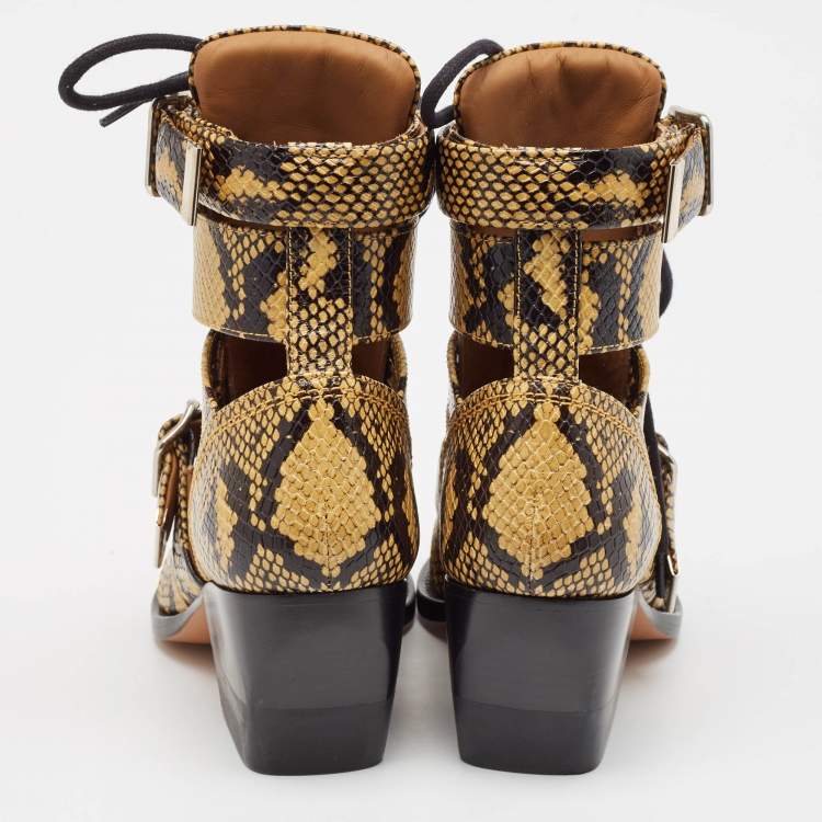 Pre Owned Chloe Black/Brown Python Embossed Leather Rylee Ankle Length Boots Size 36