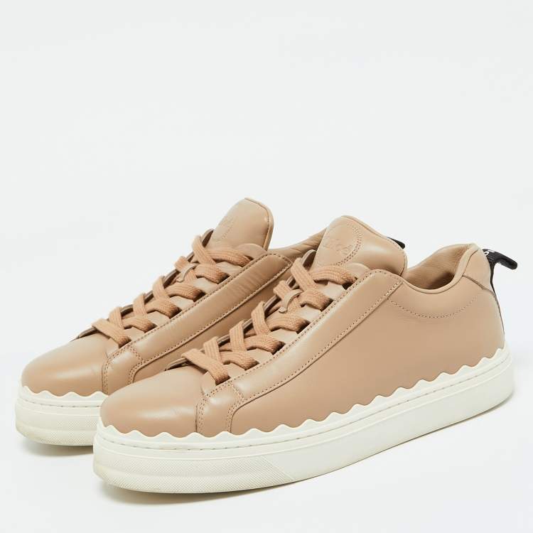 Pre Owned Chloe Beige Leather Lauren Scalloped Low Top Sneakers Size 39