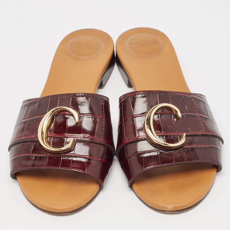 Pre Owned Chloe Burgundy Croc Embossed Leather C Logo Flat Slides Size 40