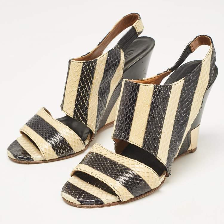 Pre Owned Chloe Black/Yellow Striped Python Ayers Wedge Sandals Size 37.5