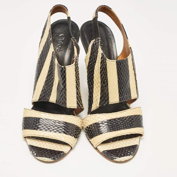 Pre Owned Chloe Black/Yellow Striped Python Ayers Wedge Sandals Size 37.5
