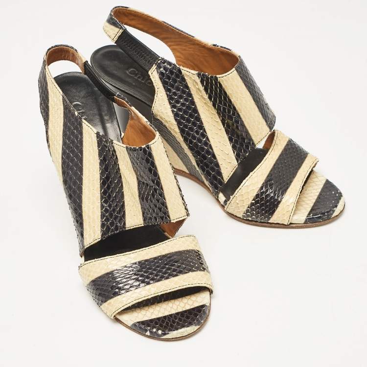 Pre Owned Chloe Black/Yellow Striped Python Ayers Wedge Sandals Size 37.5