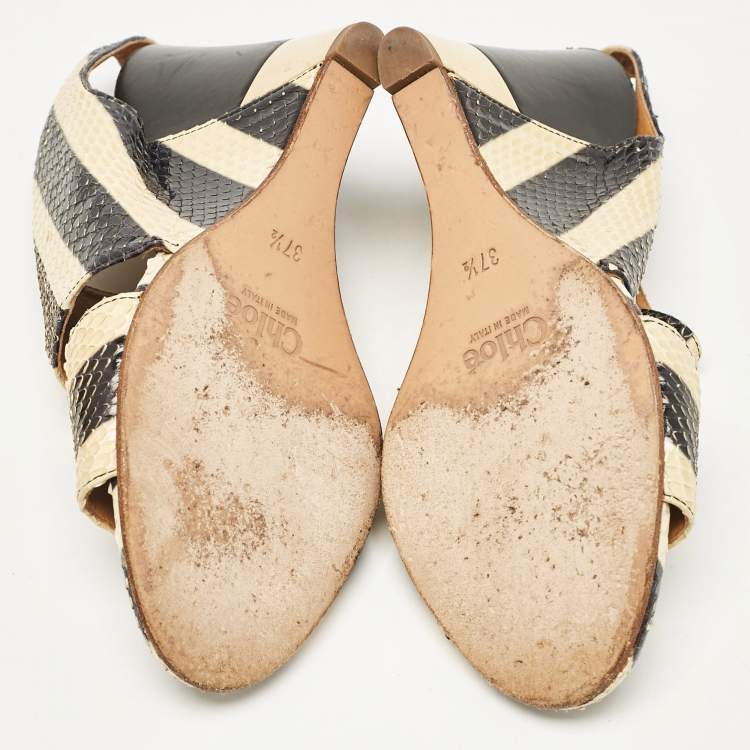 Pre Owned Chloe Black/Yellow Striped Python Ayers Wedge Sandals Size 37.5