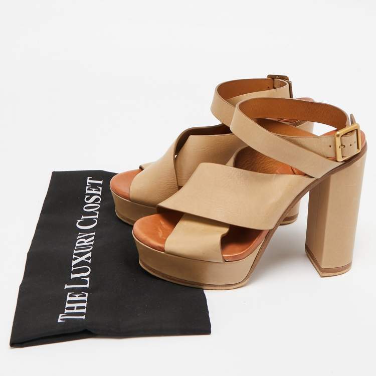 Pre Owned Chloe Beige Leather Platform Ankle Strap Sandals Size 39