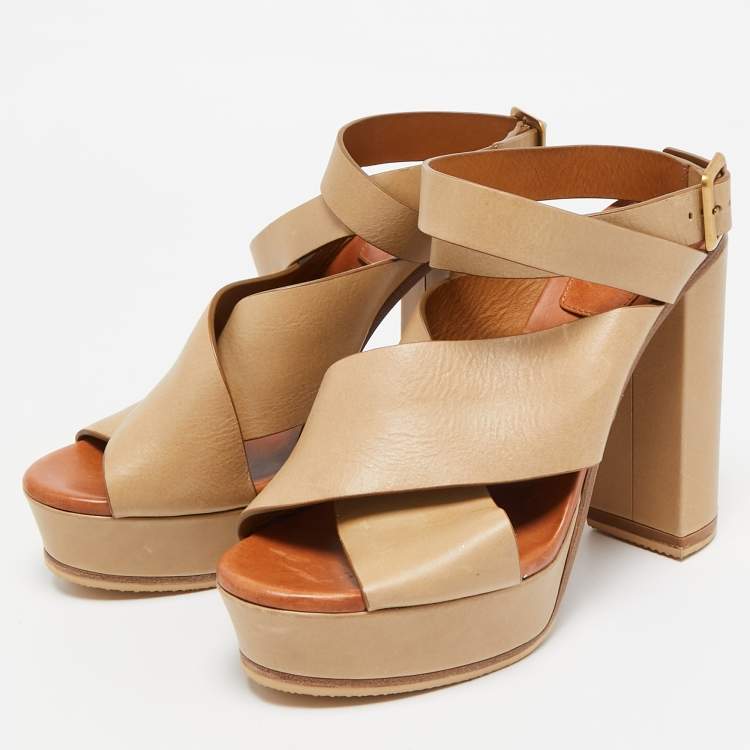 Pre Owned Chloe Beige Leather Platform Ankle Strap Sandals Size 39