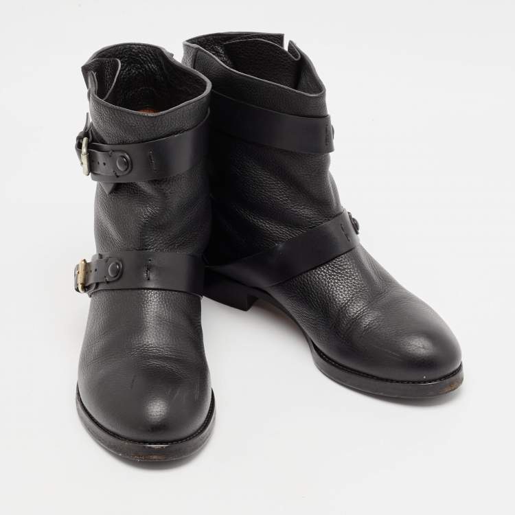 Pre Owned Chloe Black Leather Buckle Detail Ankle Boots Size 38.5