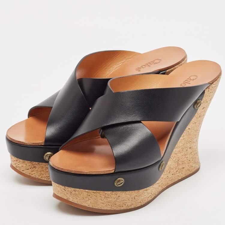 Pre Owned Chloe Black Leather Cork Wedge Sandals Size 38