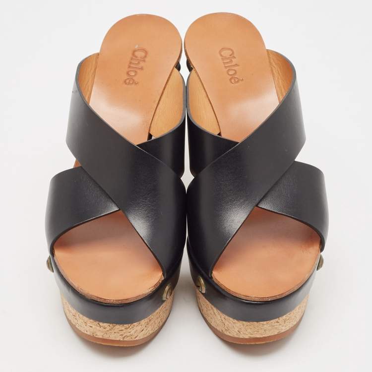 Pre Owned Chloe Black Leather Cork Wedge Sandals Size 38