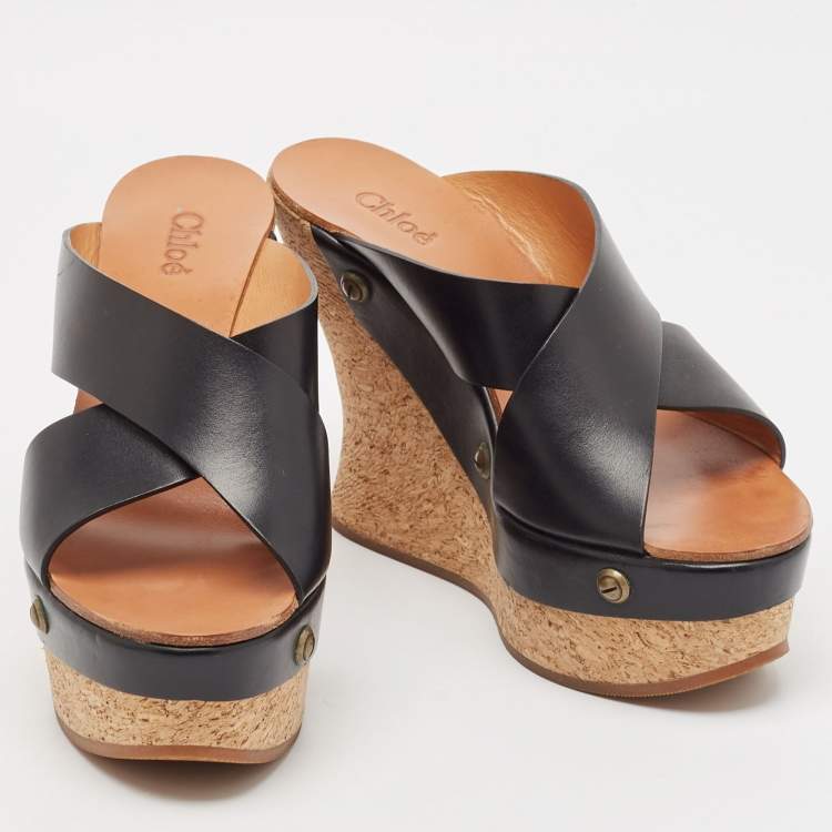 Pre Owned Chloe Black Leather Cork Wedge Sandals Size 38
