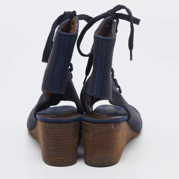 Pre Owned Chloe Navy Blue Canvas Lace Up Open Toe Wedge Booties Size 37