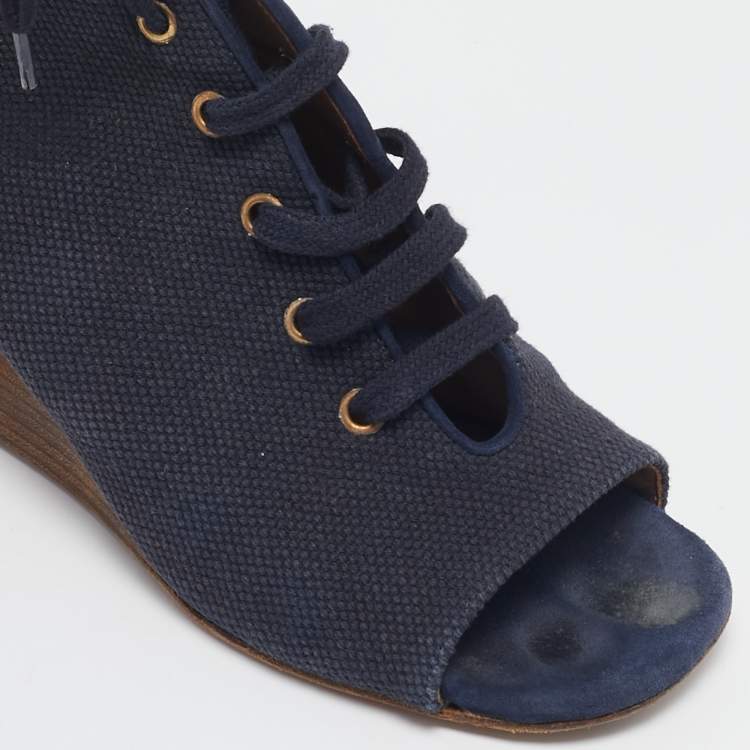 Pre Owned Chloe Navy Blue Canvas Lace Up Open Toe Wedge Booties Size 37