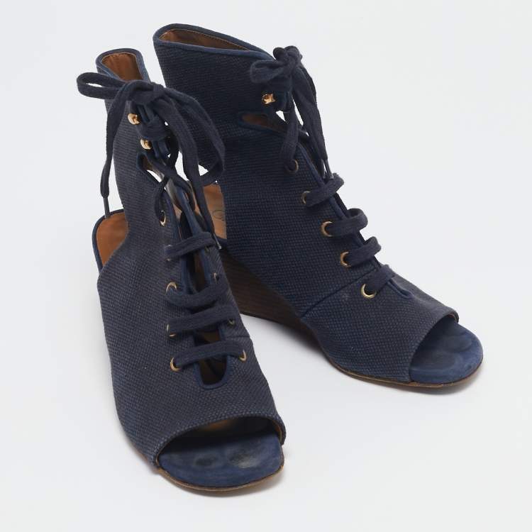 Pre Owned Chloe Navy Blue Canvas Lace Up Open Toe Wedge Booties Size 37