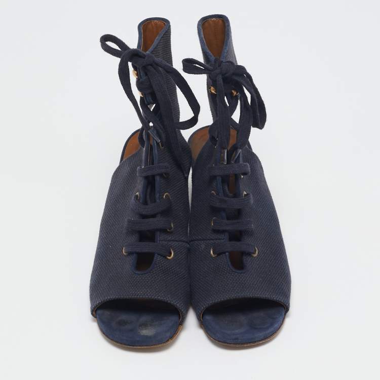 Pre Owned Chloe Navy Blue Canvas Lace Up Open Toe Wedge Booties Size 37