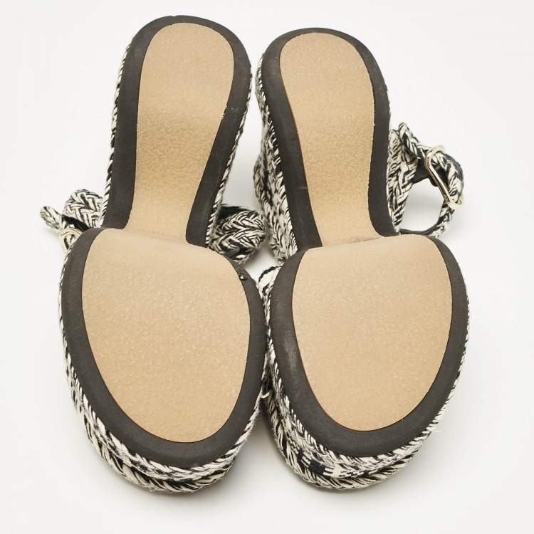 Pre Owned Chloe Black/White Fabric Printed Braided Accents Block Heel Sandals Size 37