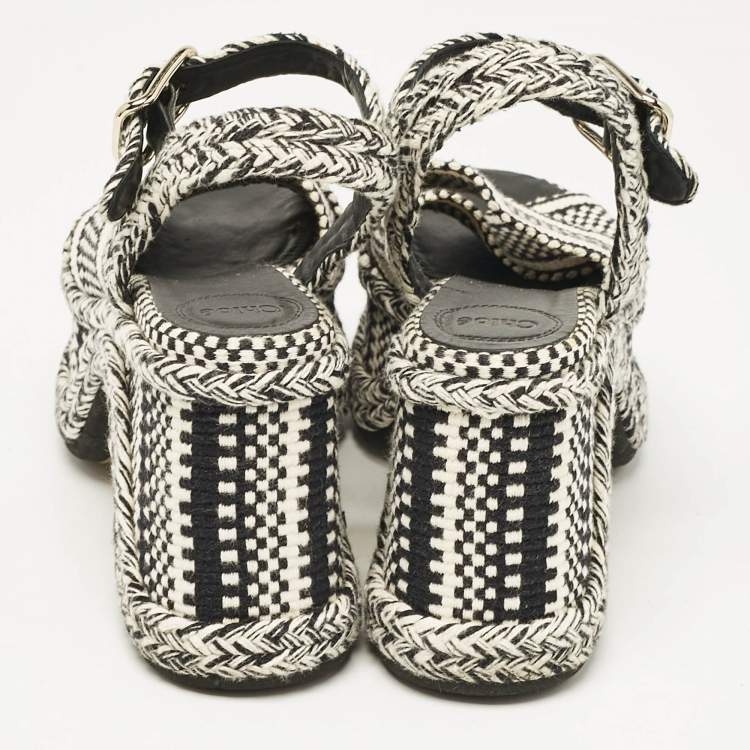 Pre Owned Chloe Black/White Fabric Printed Braided Accents Block Heel Sandals Size 37