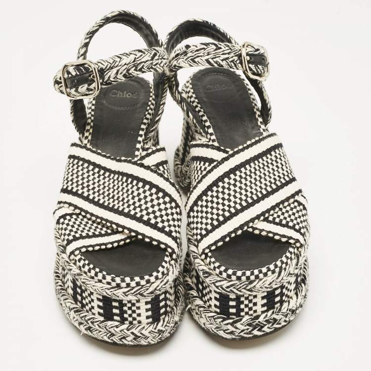 Pre Owned Chloe Black/White Fabric Printed Braided Accents Block Heel Sandals Size 37