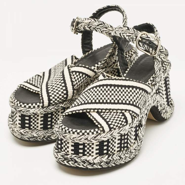 Pre Owned Chloe Black/White Fabric Printed Braided Accents Block Heel Sandals Size 37