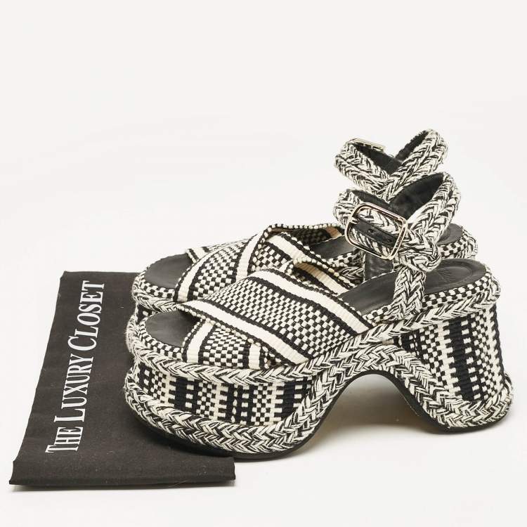 Pre Owned Chloe Black/White Fabric Printed Braided Accents Block Heel Sandals Size 37