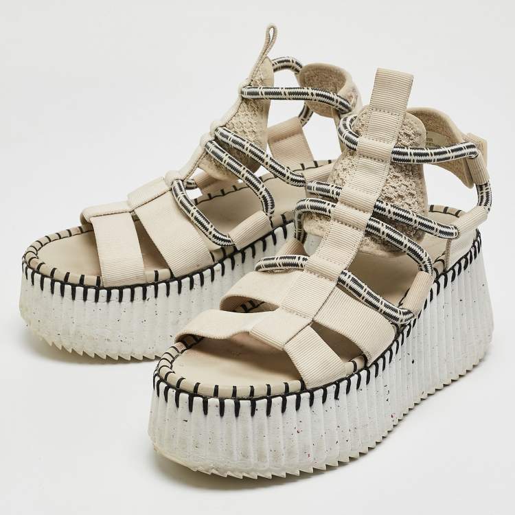 Pre Owned Chloe Cream/Black Canvas Lilli Ankle Strap Sandals Size 37
