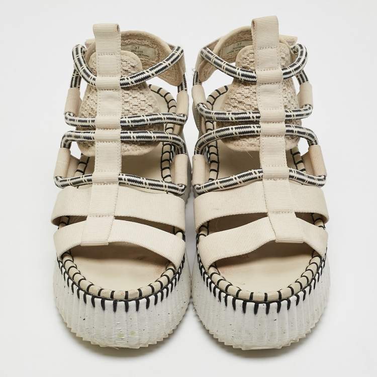 Pre Owned Chloe Cream/Black Canvas Lilli Ankle Strap Sandals Size 37