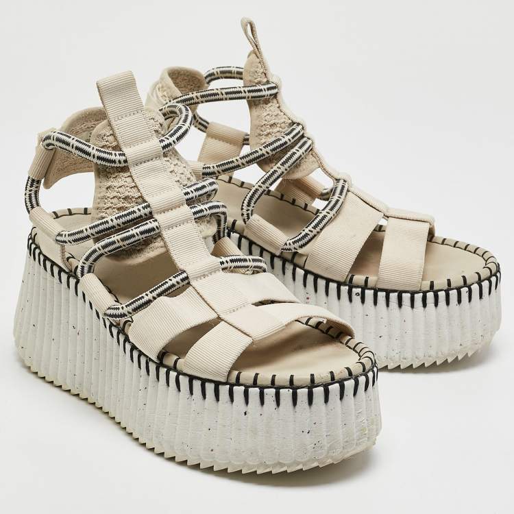 Pre Owned Chloe Cream/Black Canvas Lilli Ankle Strap Sandals Size 37