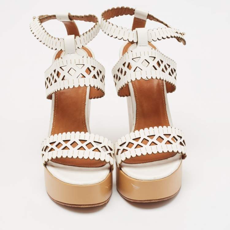 Pre Owned Chloe White Cut Out Leather Platform Wedge Sandals Size 39