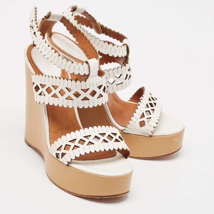 Pre Owned Chloe White Cut Out Leather Platform Wedge Sandals Size 39