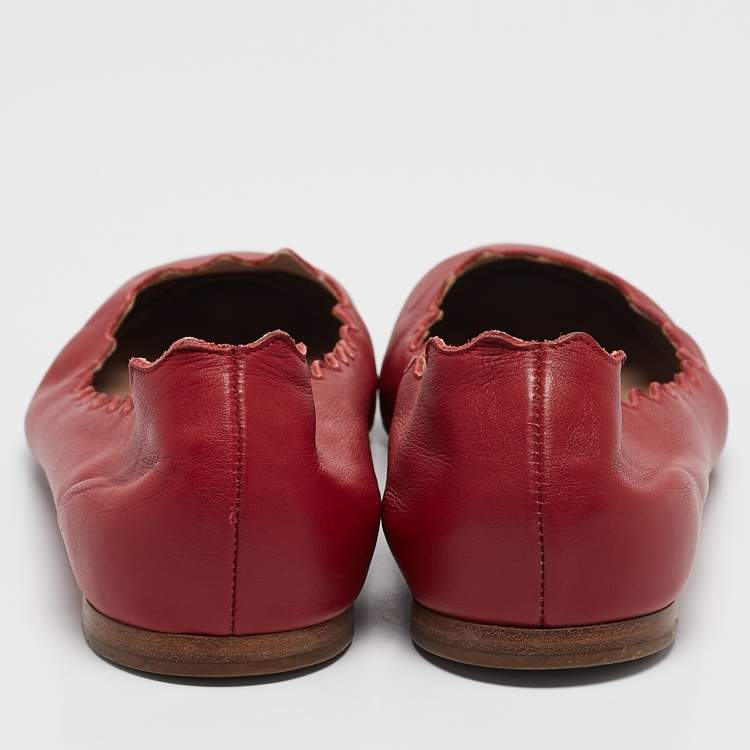 Pre Owned Chloé Red Leather Lauren Scalloped Ballet Flats Size 38.5