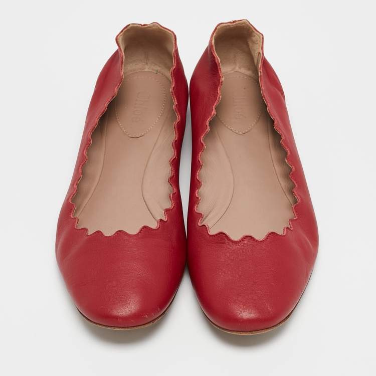 Pre Owned Chloé Red Leather Lauren Scalloped Ballet Flats Size 38.5