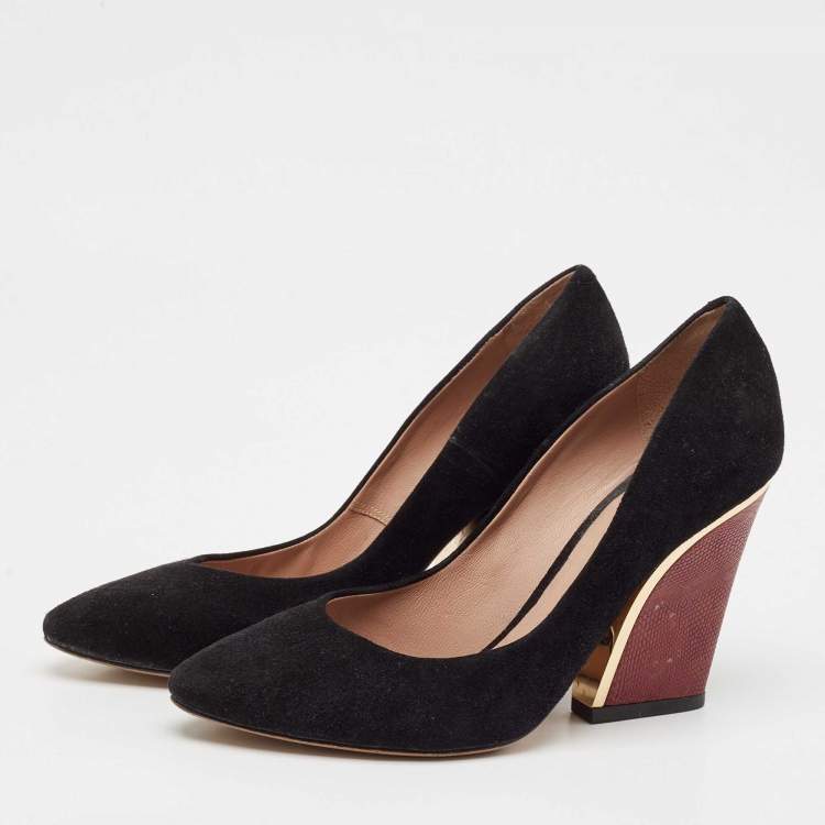 Pre Owned Chloe Black/Burgundy Lizard Embossed Leather and Suede Block Heel Pumps Size 38