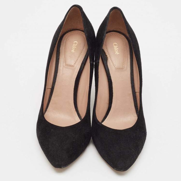 Pre Owned Chloe Black/Burgundy Lizard Embossed Leather and Suede Block Heel Pumps Size 38