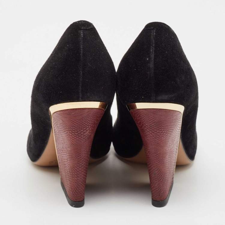Pre Owned Chloe Black/Burgundy Lizard Embossed Leather and Suede Block Heel Pumps Size 38