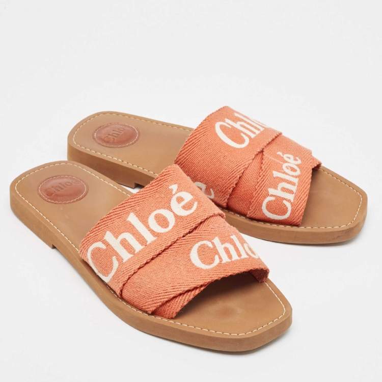 Pre Owned Chloe Orange Logo Canvas Woody Flat Slides Size 40