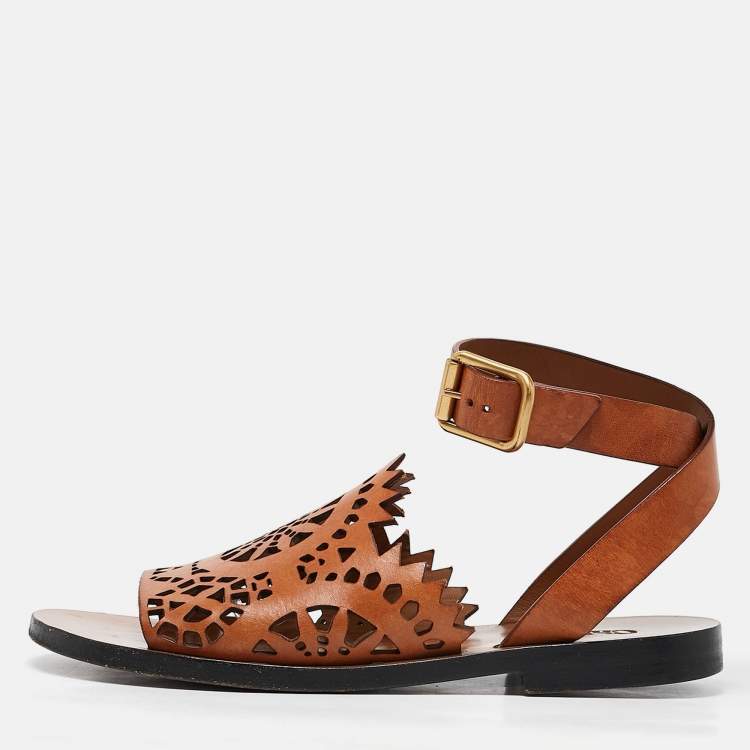 Pre Owned Chloe Brown Leather Kelby Flat Sandals Size 36