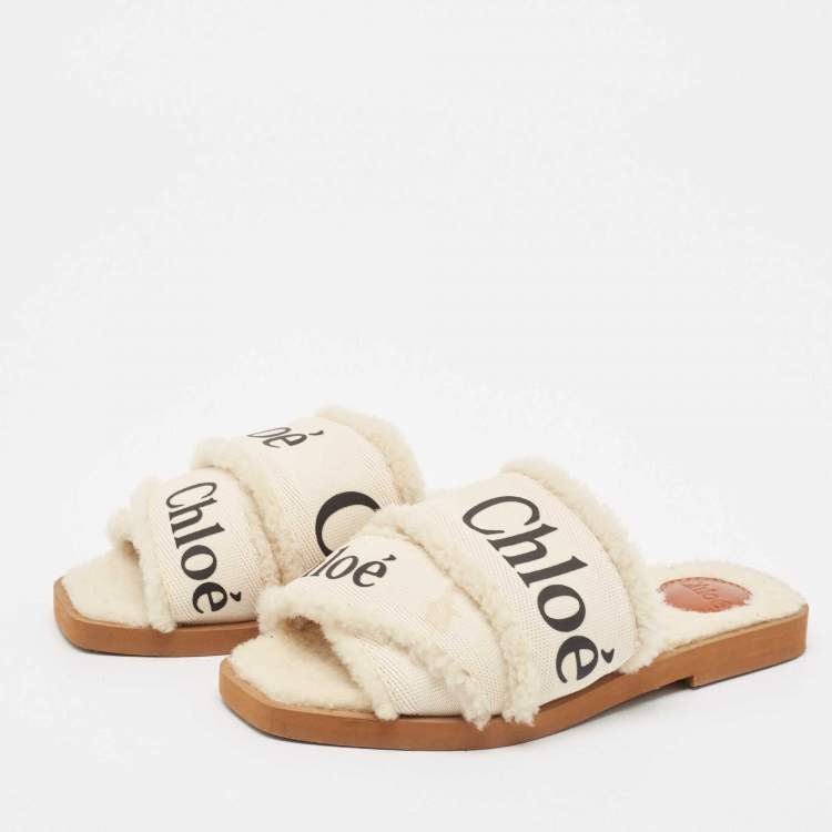 Pre Owned Chloe White Canvas and Shearling Woody Flat Sandals Size 37
