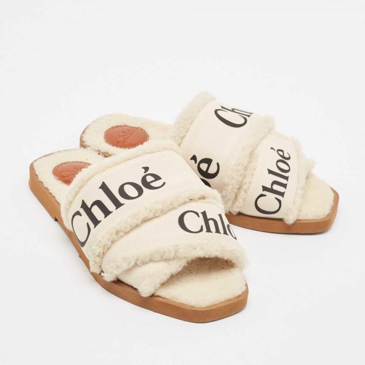 Pre Owned Chloe White Canvas and Shearling Woody Flat Sandals Size 37
